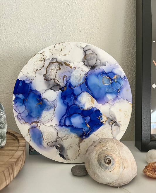 8" round abstract alcohol ink painting on paper