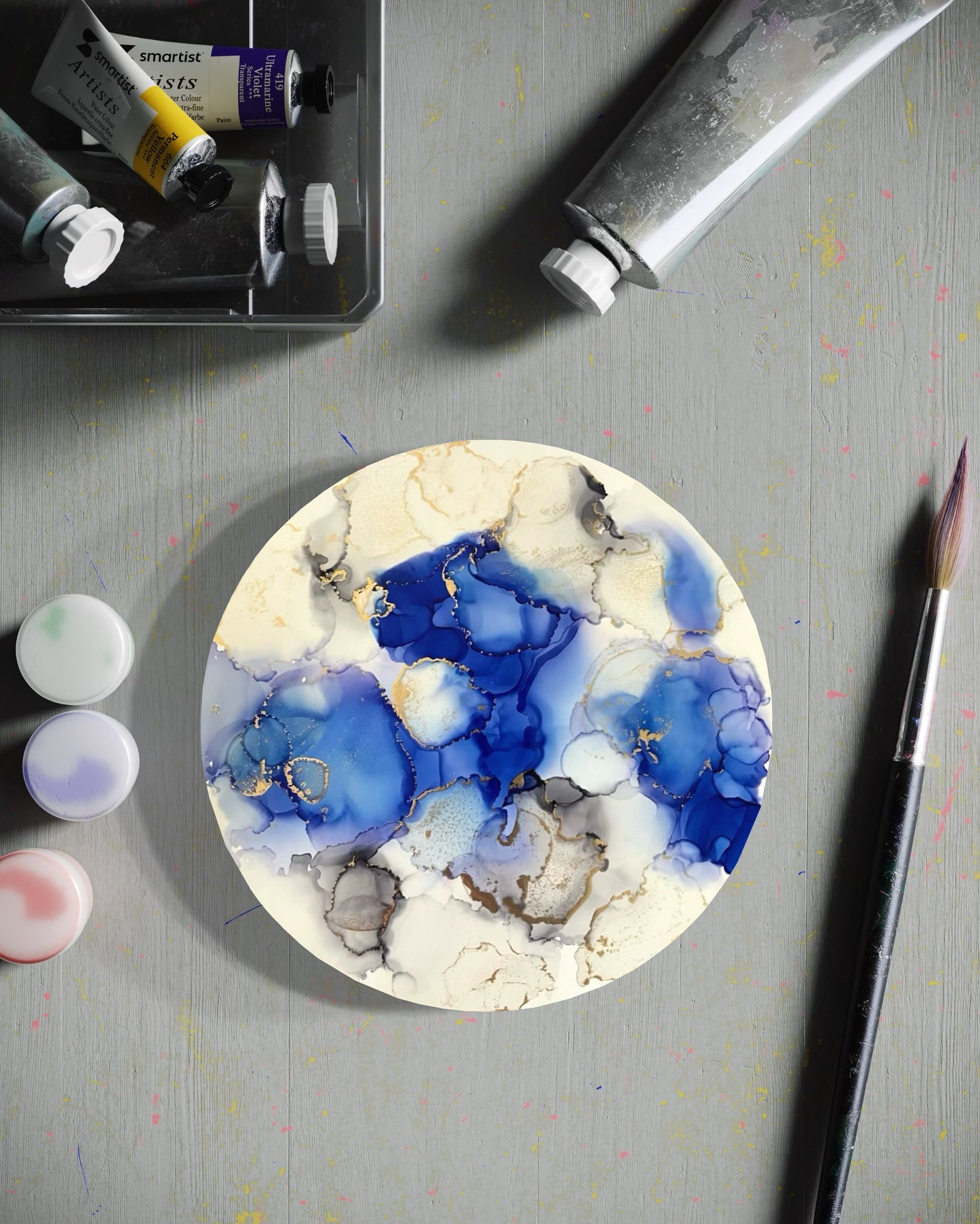 8" round abstract alcohol ink painting on paper